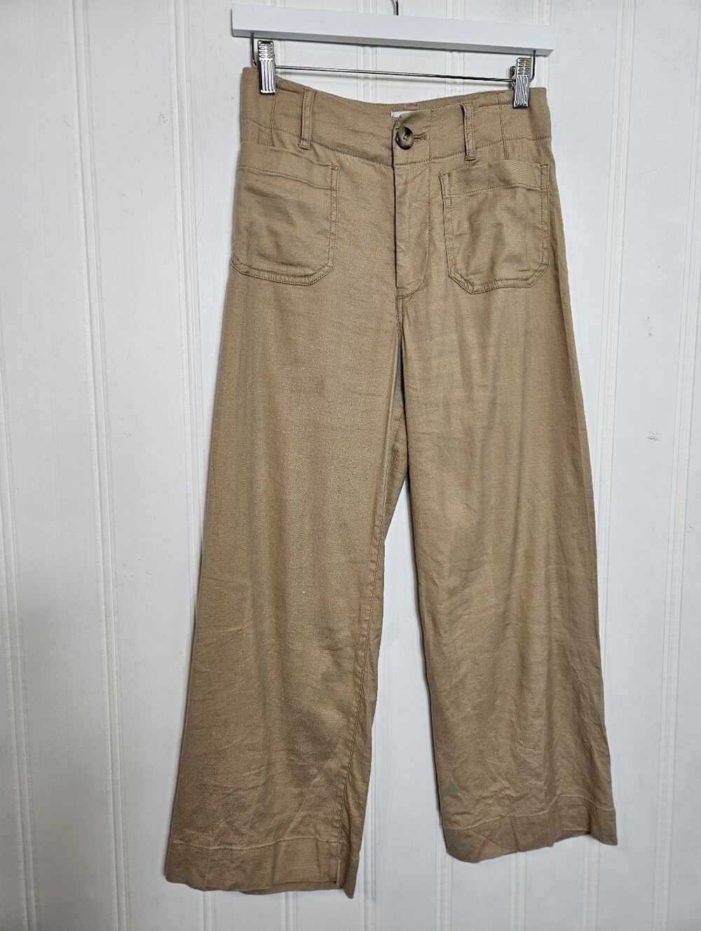 Anthropologie Maeve Colette Pants 25 Linen Wide Leg Tan Cropped High Rise - Picture 2 of 15